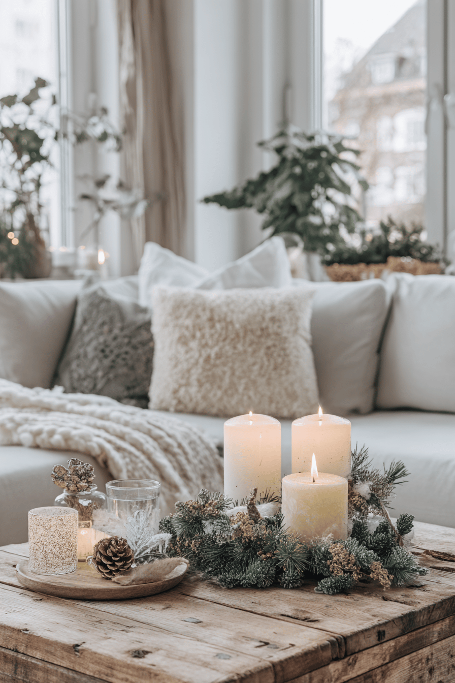 Weihnachtliches Kerzenarrangement auf rustikalem Holztisch mit Kissen im Hintergrund.