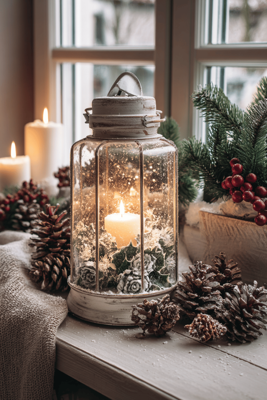 Eine weihnachtlich dekorierte Laterne mit Kerze, Schnee und Tannenzapfen auf einer Fensterbank.