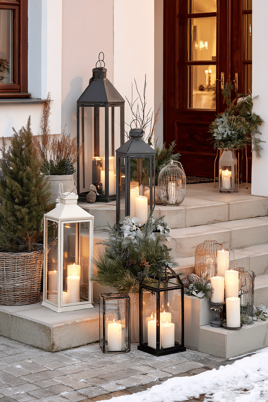 Mehrere Laternen und Kerzen schmücken eine winterliche Eingangstreppe.