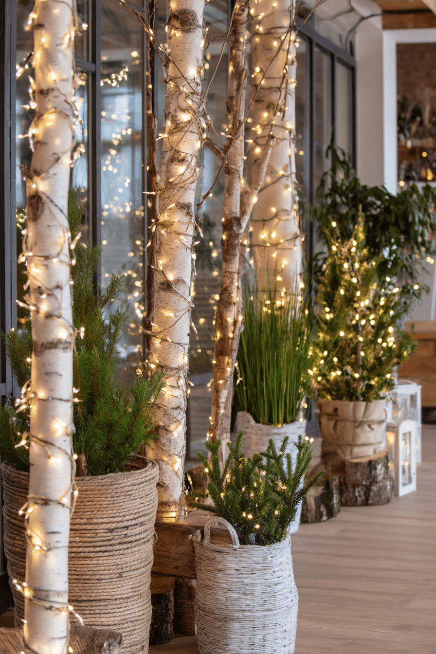 Bäume und Pflanzen in Töpfen mit leuchtenden Lichterketten dekoriert.