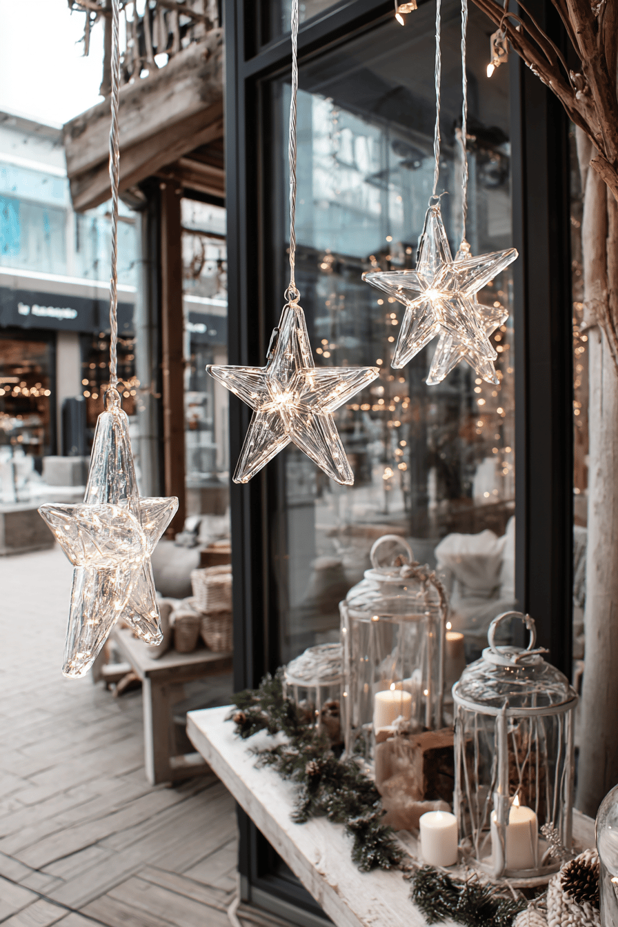 Hängende leuchtende Sterne vor einem Fenster mit Kerzen und Tannenzweigen.