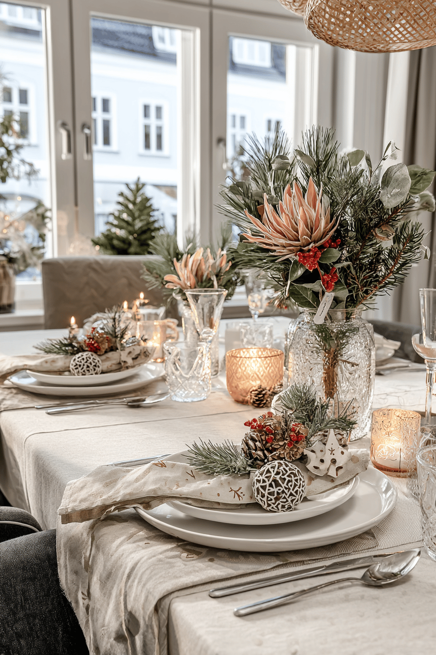 Elegante Weihnachtstischdeko mit Kerzen, Tannenzweigen und dekorativen Tellern.