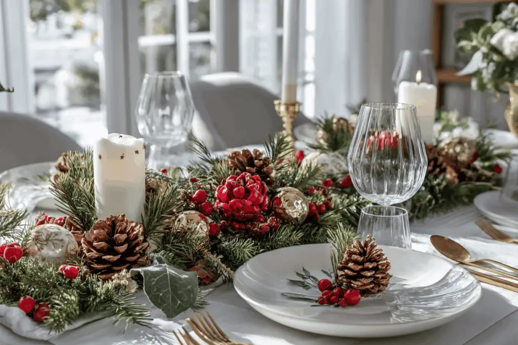 Weihnachtlich gedeckter Tisch mit Kerzen und Tannenzapfen