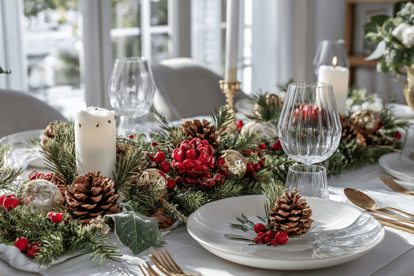 Weihnachtlich gedeckter Tisch mit Kerzen und Tannenzapfen
