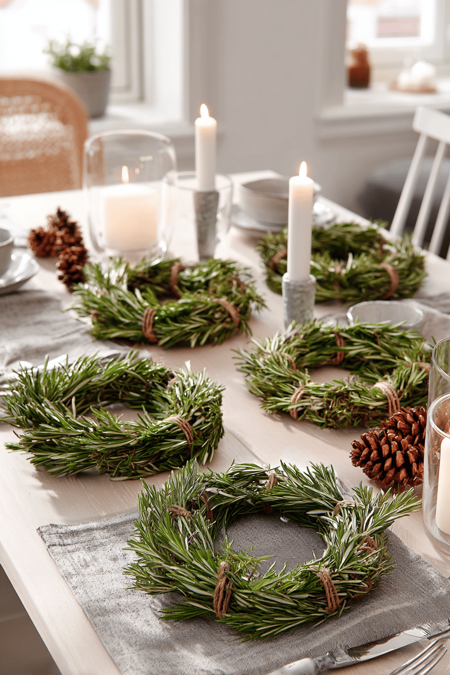 Weihnachtstisch mit Rosmarinkränzen und Kerzen.