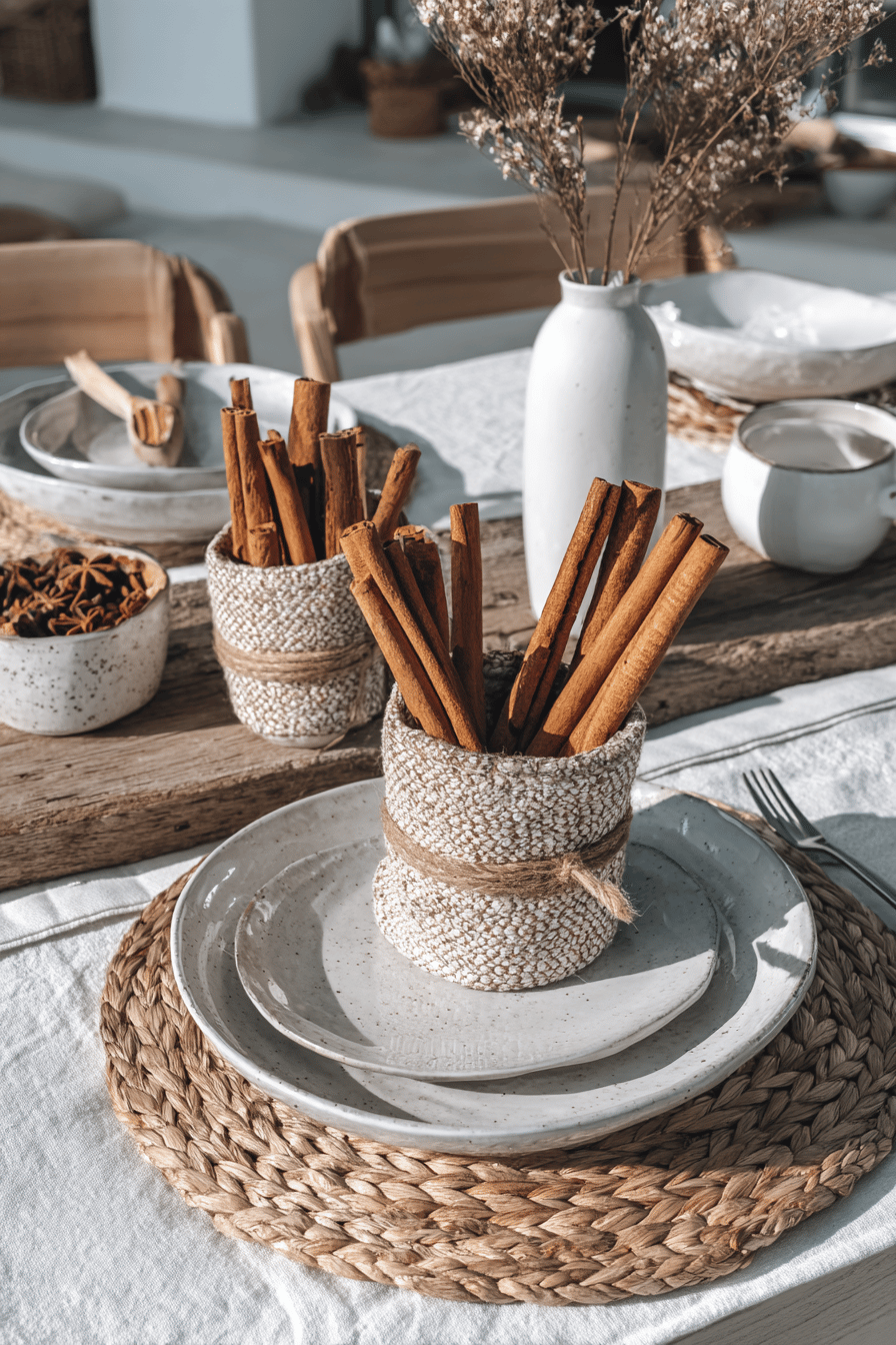 Tischdekoration mit Zimtstangen und natürlichem Geschirr auf einem Weihnachtstisch.
