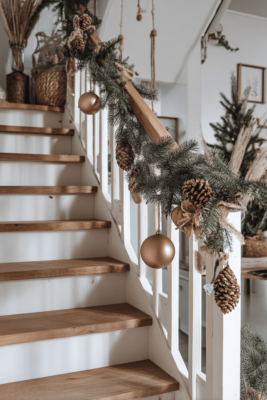 Treppengeländer geschmückt mit Tannenzweigen, Zapfen und goldenen Kugeln.