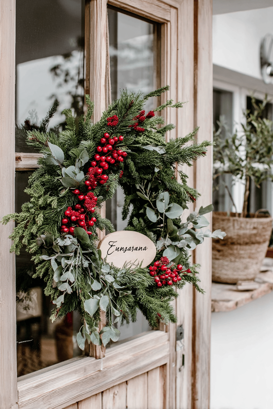 Türkranz mit grünen Zweigen, roten Beeren und personalisiertem Holzschild an einer Holztür.