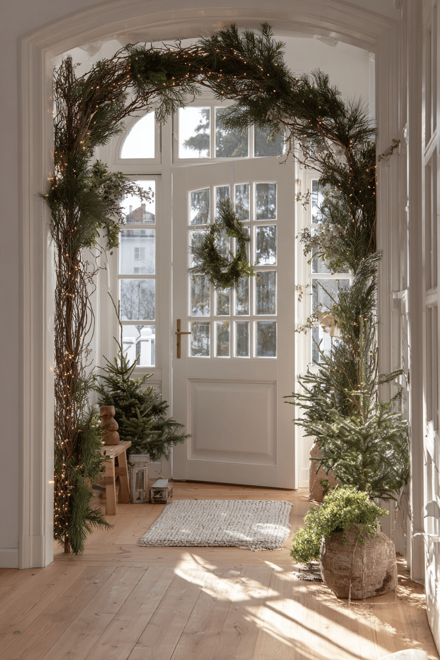 Weihnachtlich dekorierter Eingang mit Tannenzweigen und Lichtern um die Tür.