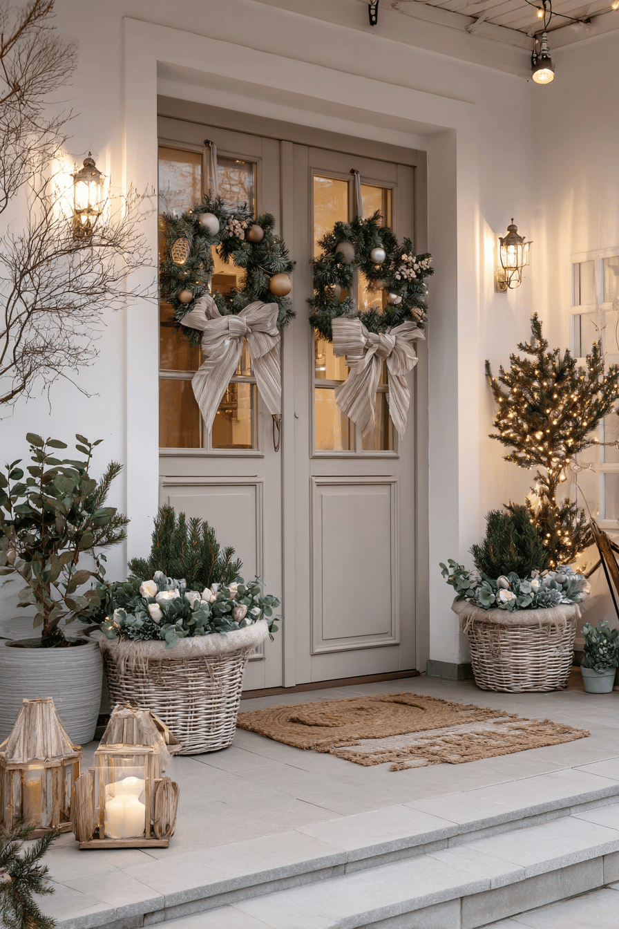 Mit großen Schleifen und Lichterketten dekorierter Hauseingang zur Weihnachtszeit.
