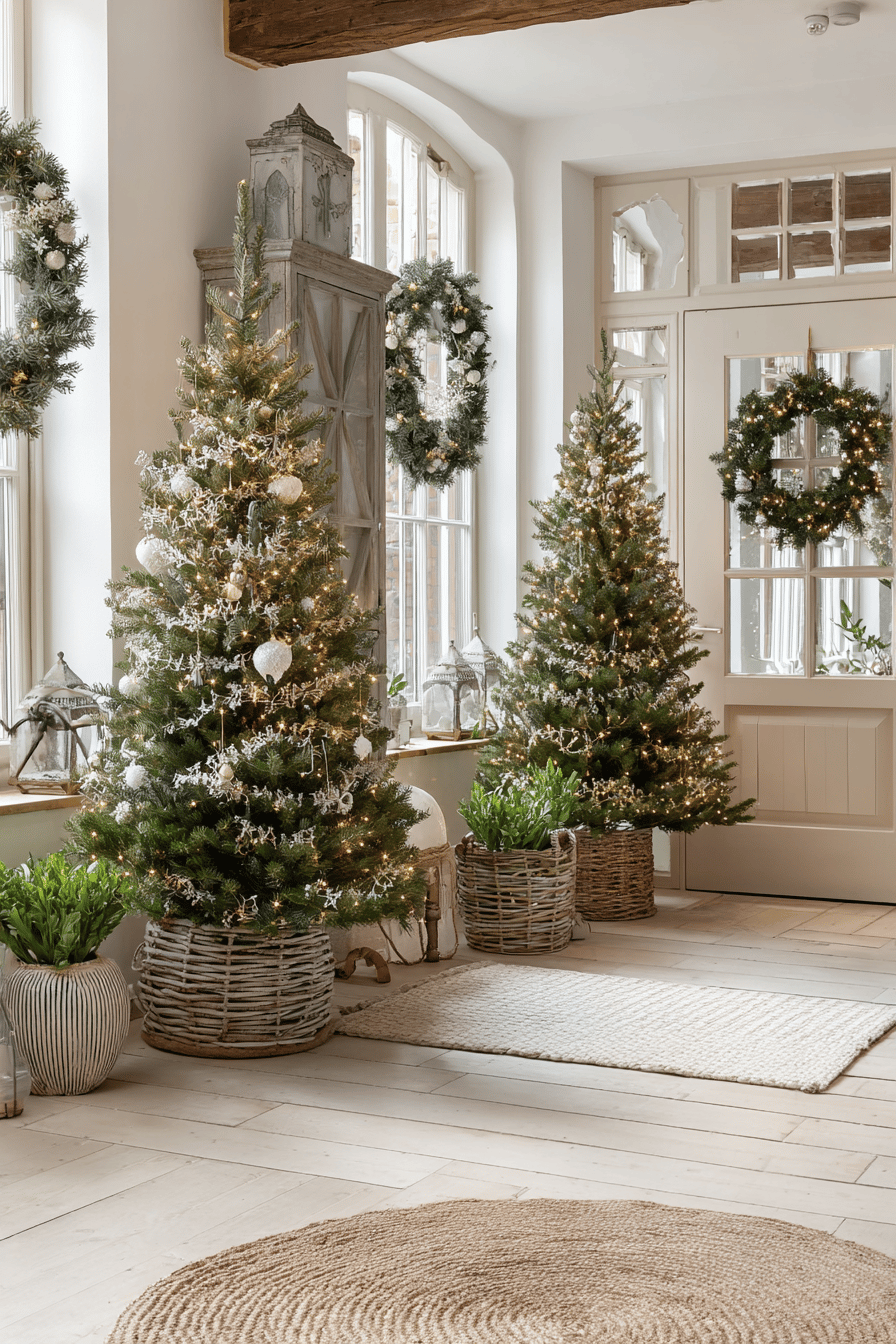 Weihnachtlich dekorierte Eingangshalle mit beleuchteten Tannenbäumen und Kränzen.