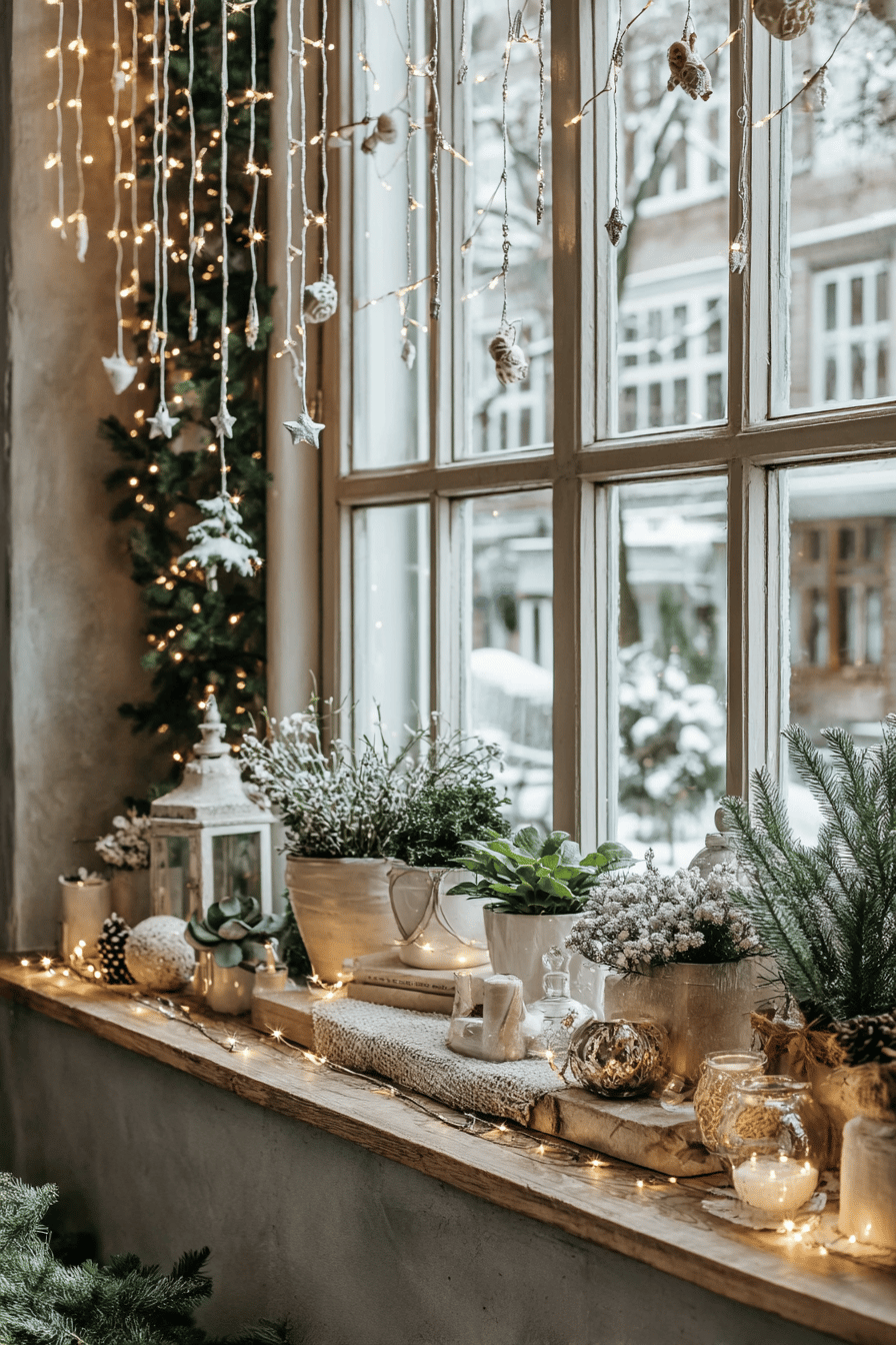 Fensterbank mit weihnachtlich dekorierten Blumenkästen und Lichterketten.