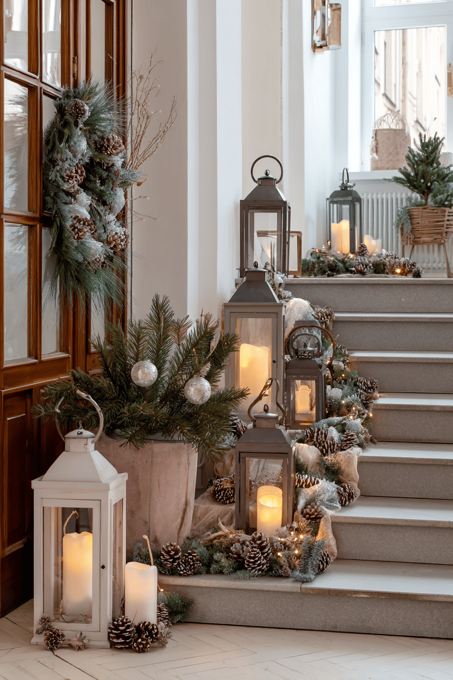 Weihnachtlich dekorierte Treppe mit Laternen und grünen Zweigen.