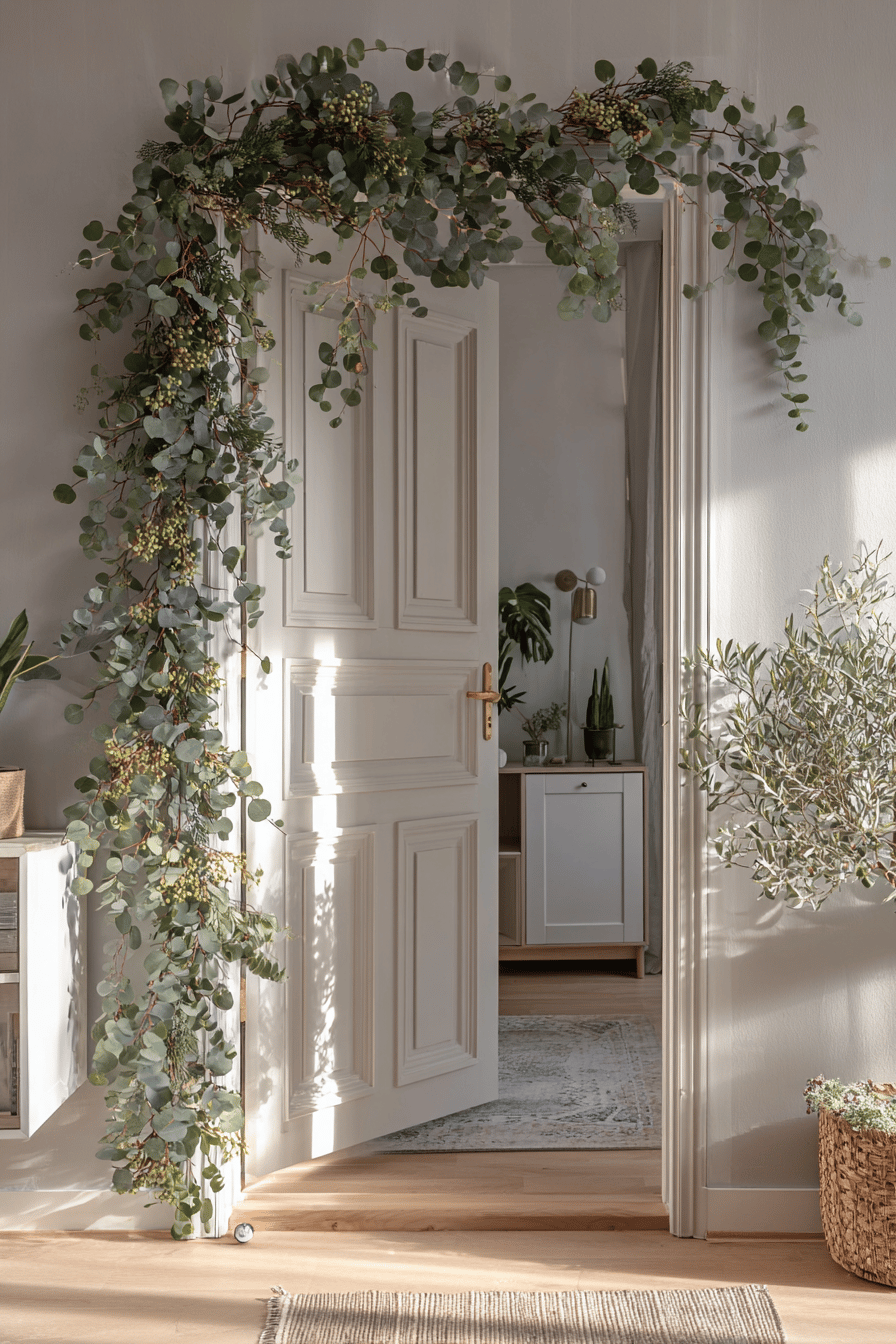 Türrahmen mit Eukalyptusgirlande dekoriert.