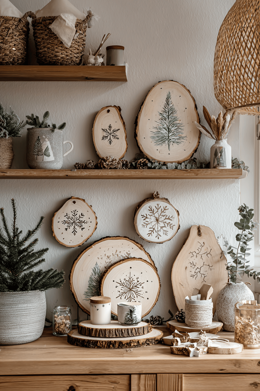 Verschiedene bemalte Baumscheiben mit weihnachtlichen Motiven auf Holzregalen dekoriert.