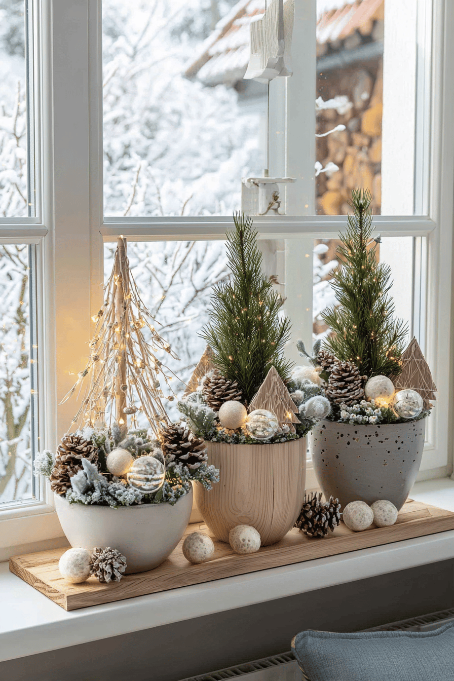 Drei weihnachtlich dekorierte Blumenkästen mit Miniaturbäumen, Zapfen und Lichtern auf einer Fensterbank.