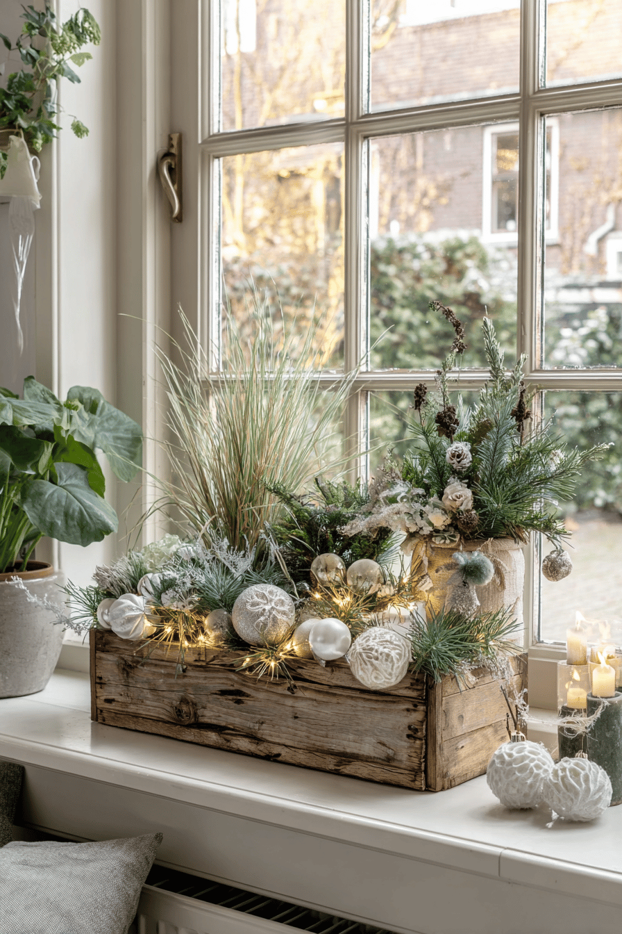 Weihnachtlich dekorierter Blumenkasten mit Tannenzweigen, Kugeln und Lichterketten auf einer Fensterbank.