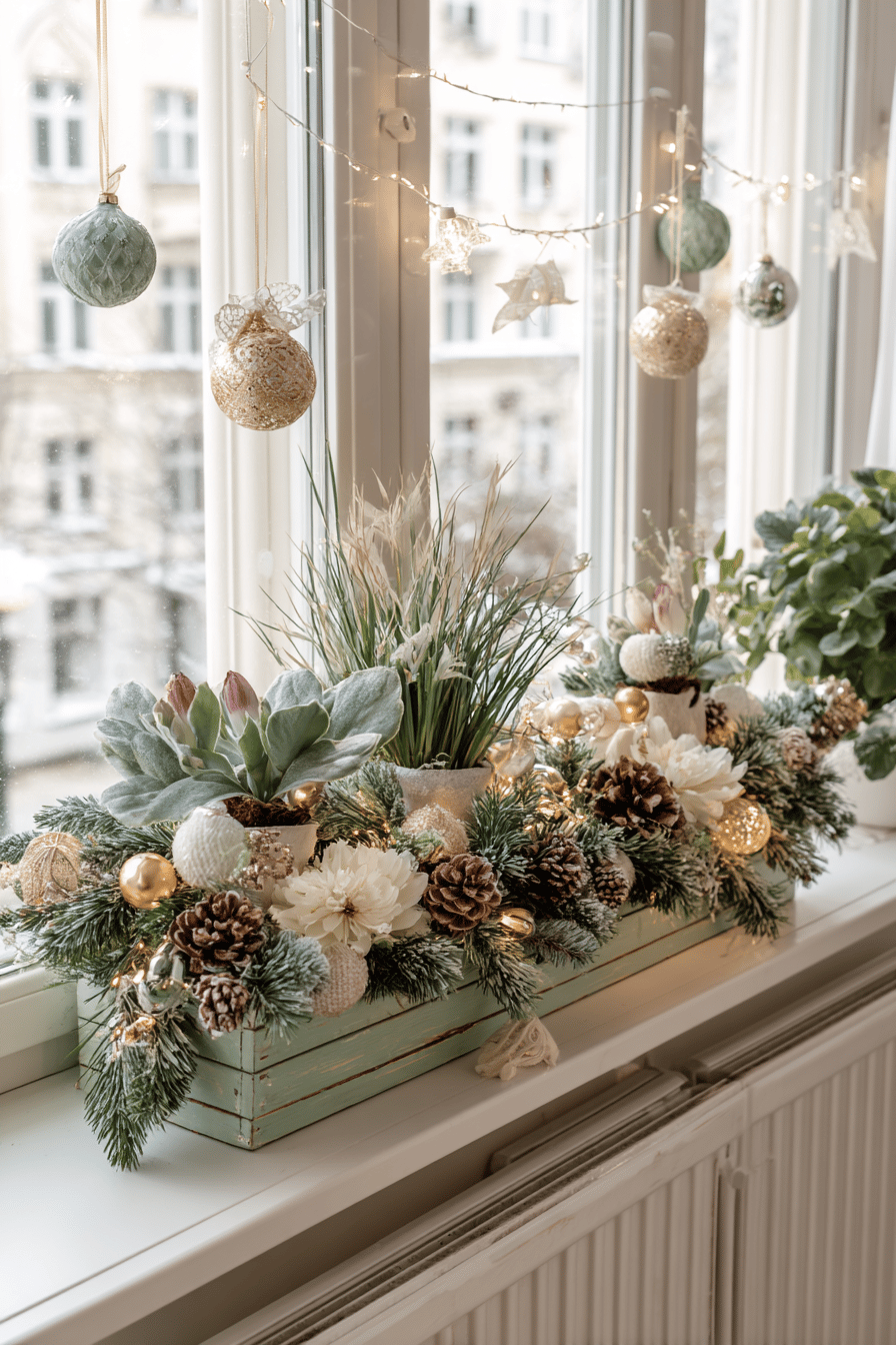 Weihnachtlich dekorierter Blumenkasten mit Tannenzweigen, Zapfen und Lichterketten auf einer Fensterbank.