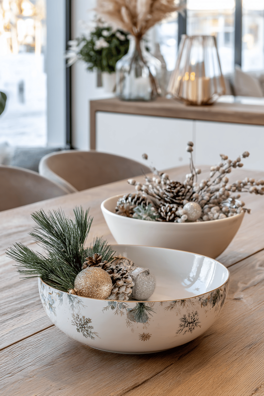 Edle Weihnachtsschalen mit Tannenzweigen, Zapfen und Glaskugeln auf einem Tisch.