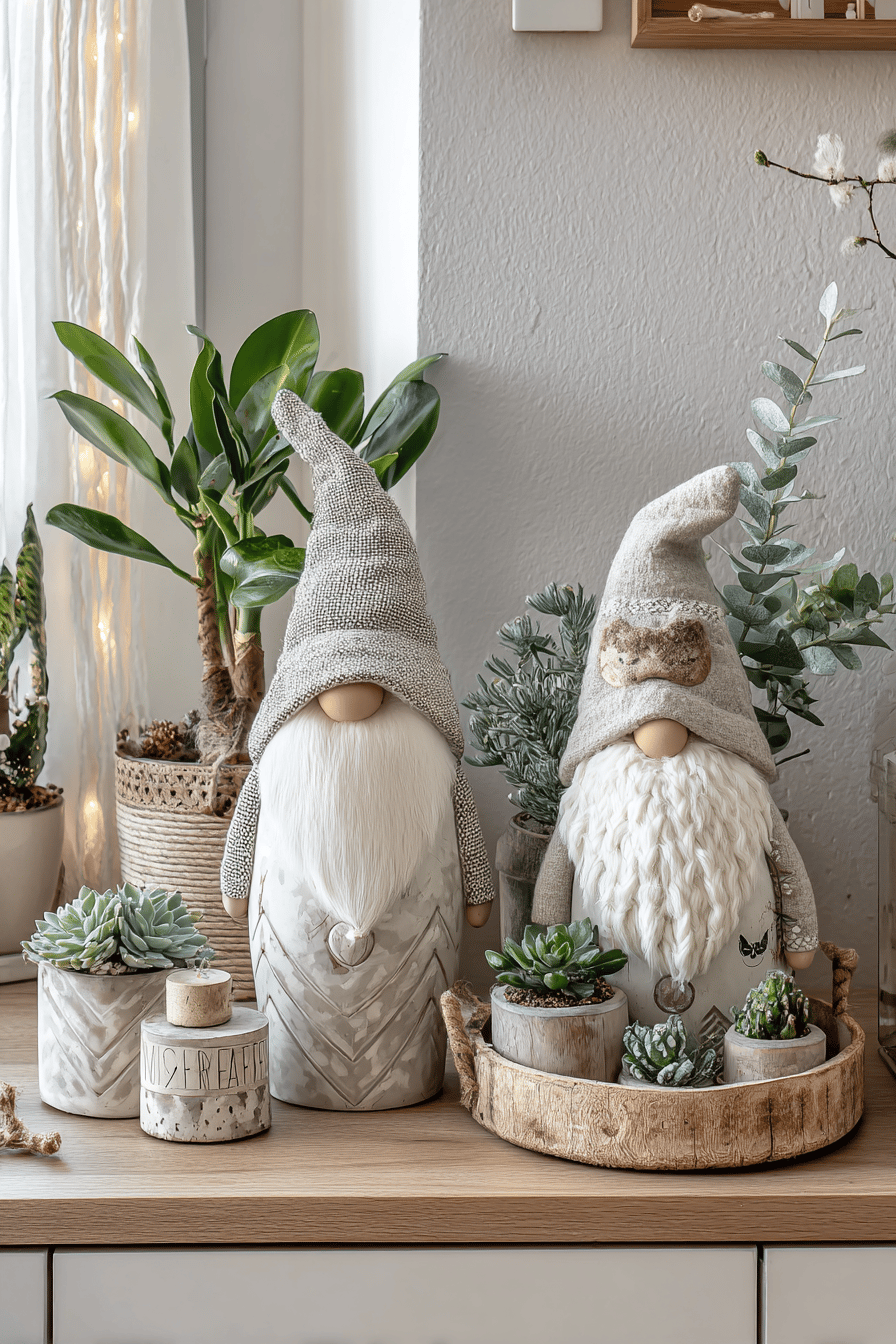 Zwei weihnachtlich dekorierte Figuren stehen auf einem Tisch, umgeben von Pflanzen.