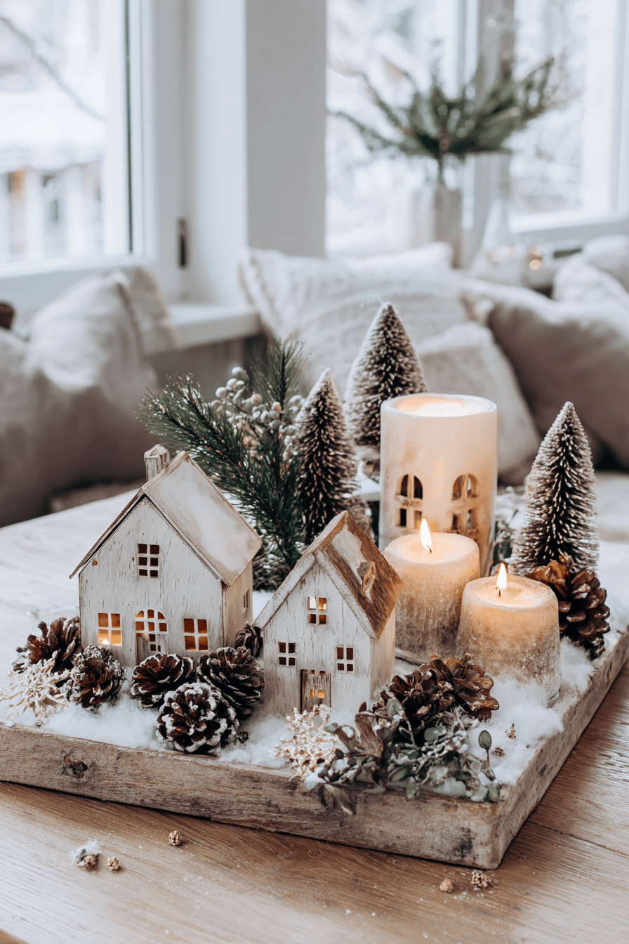 Kleines winterliches Dorfarrangement mit Häuschen, Kerzen und Tannenbäumen auf einem Tablett, dekoriert mit Tannenzapfen und Kunstschnee.