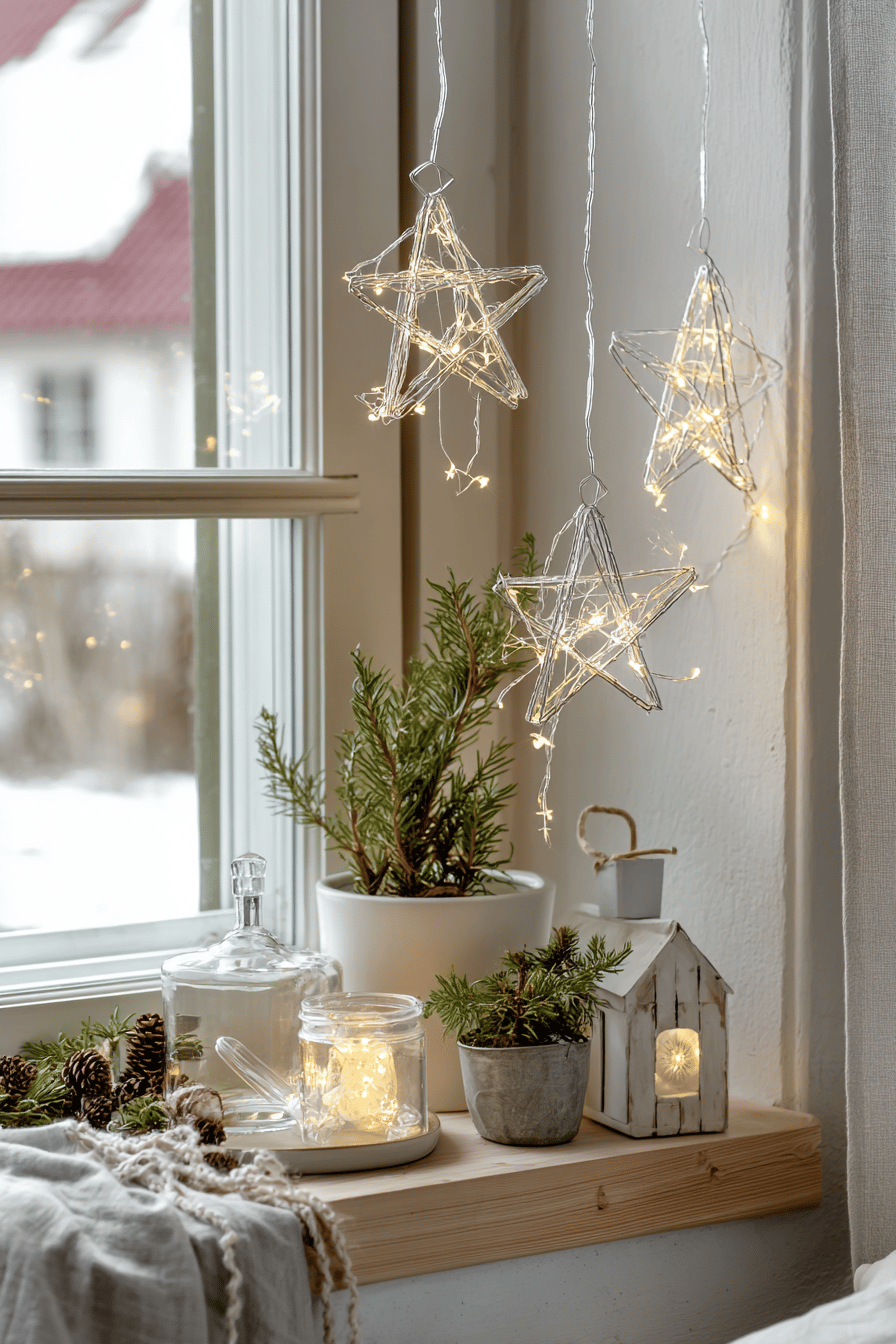 Hängende Drahtsterne mit Lichterketten an einem Fenster, umgeben von Pflanzen und kleinen Deko-Elementen.