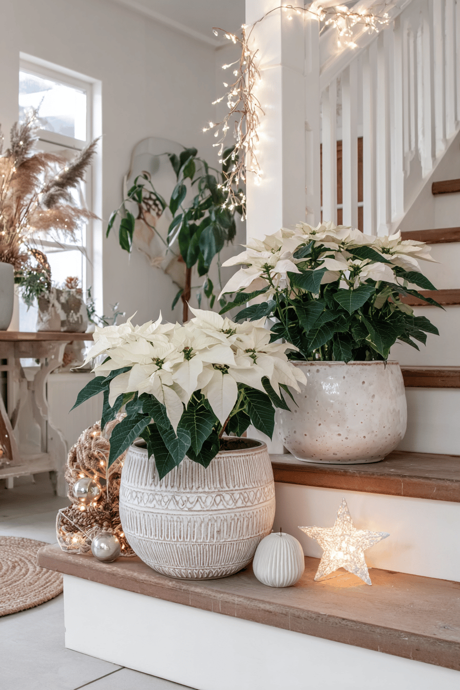 Weihnachtlich dekorierte Treppe mit weißen Poinsettien in dekorativen Töpfen und Lichterketten.