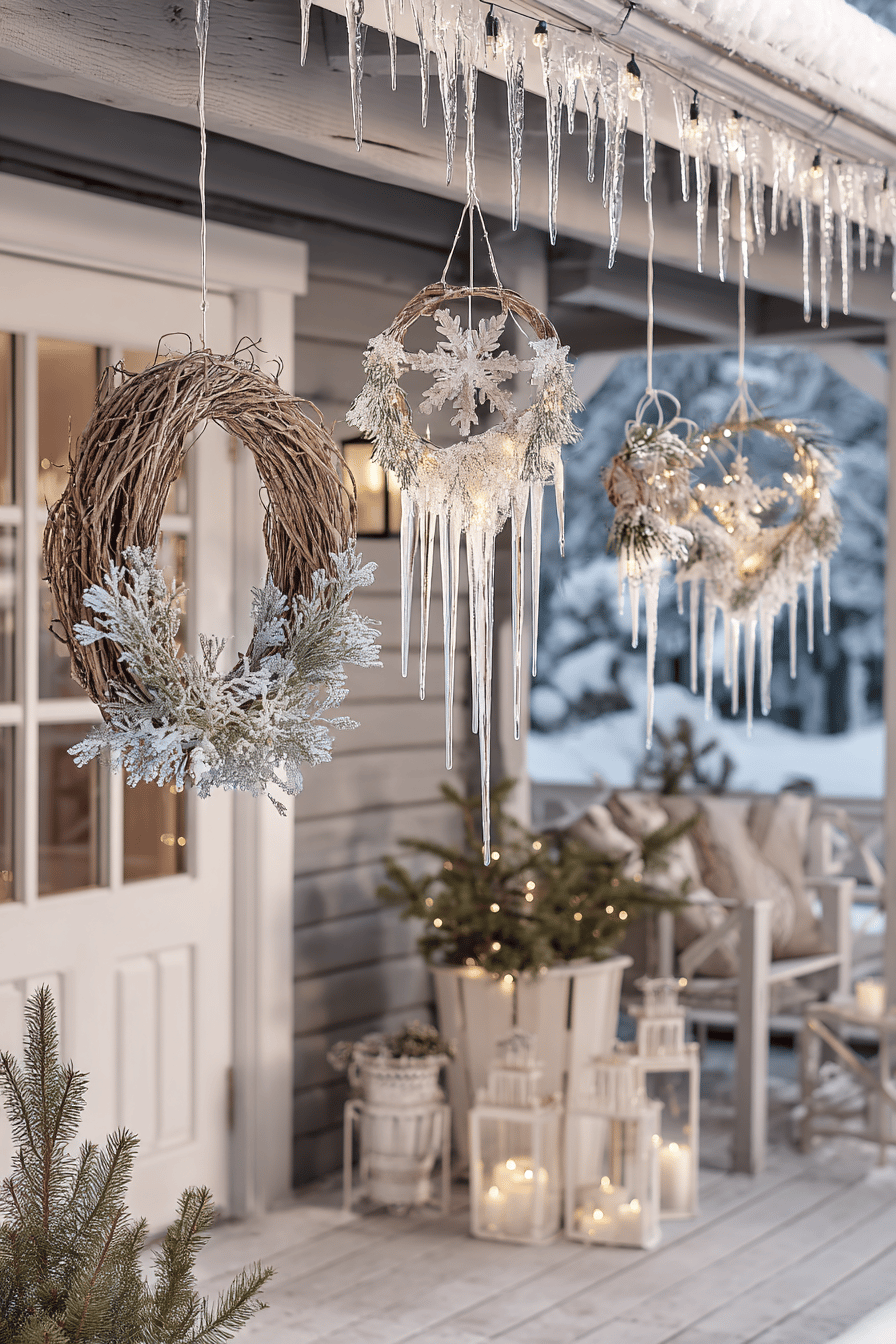 Veranda mit kunstvollen Weihnachtskränzen und künstlichen Eiszapfen dekoriert.