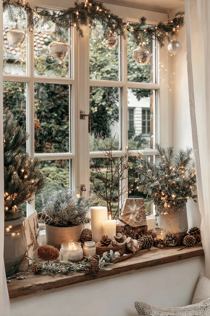 Weihnachtlich dekorierte Fensterbank mit Tannenzweigen, Kerzen und Lichterketten.