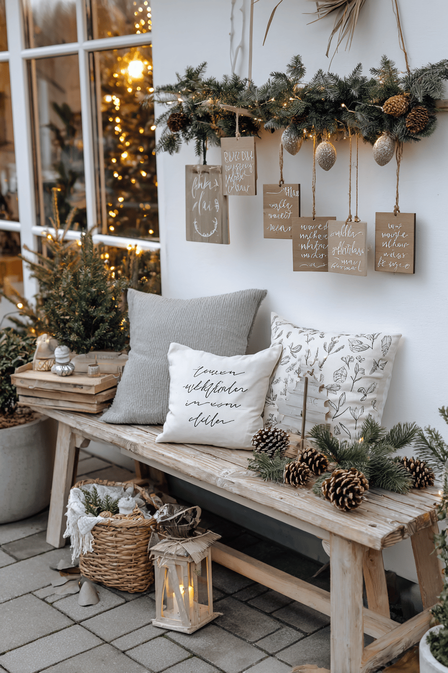 Gartenbank mit weihnachtlichen Kissen, Holzschildern und Dekorationen aus Tannenzweigen und Zapfen geschmückt.