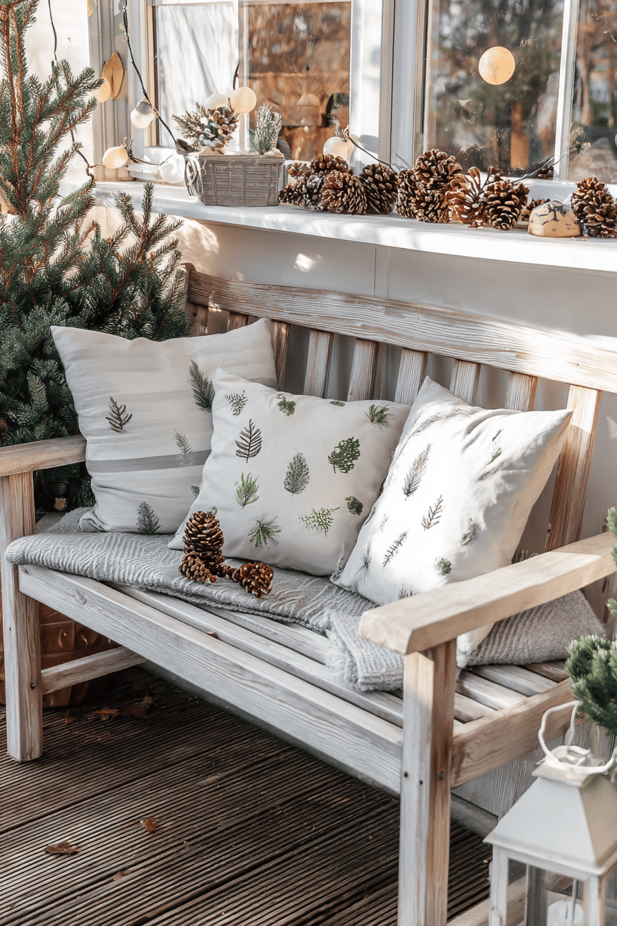 Mit Kissen dekorierte Gartenbank und Tannenzapfen für eine weihnachtliche Atmosphäre.