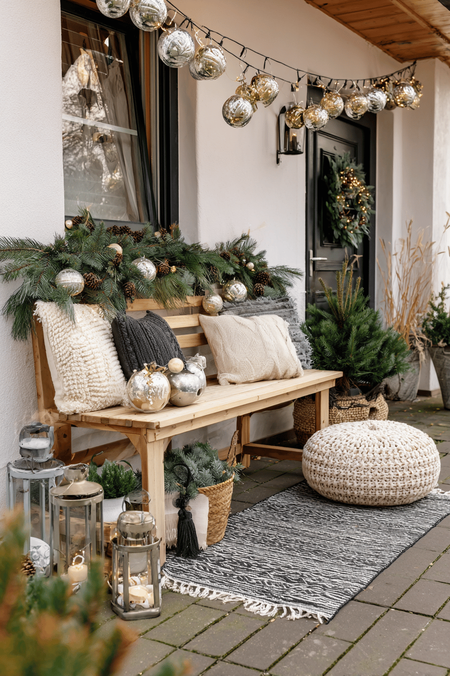 Weihnachtlich dekorierte Gartenbank mit Tannenzweigen, Lichterketten und Kissen.