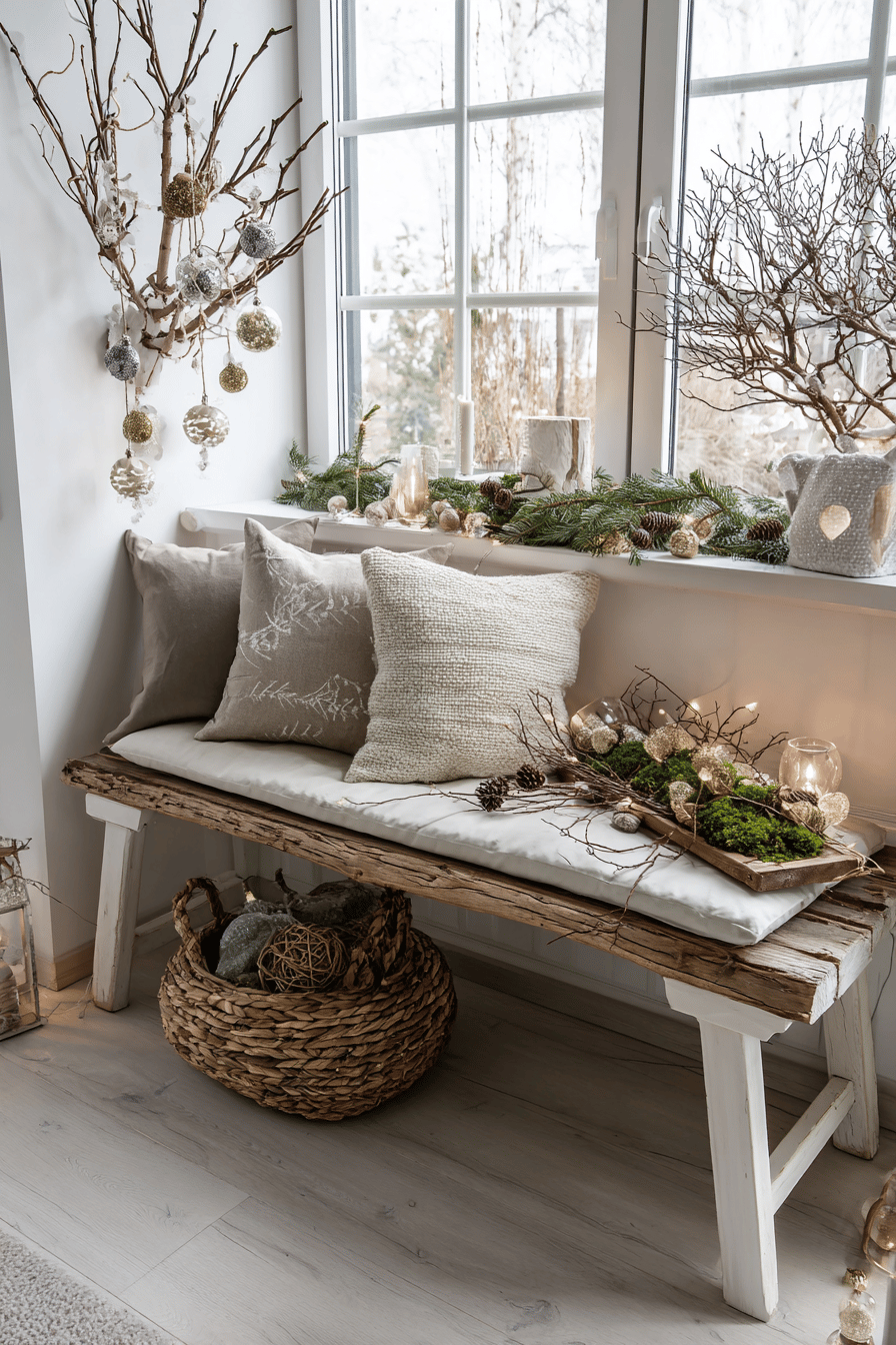 Weihnachtlich dekorierte Bank mit Kissen, Zweigen und Moos in einem hellen Raum.