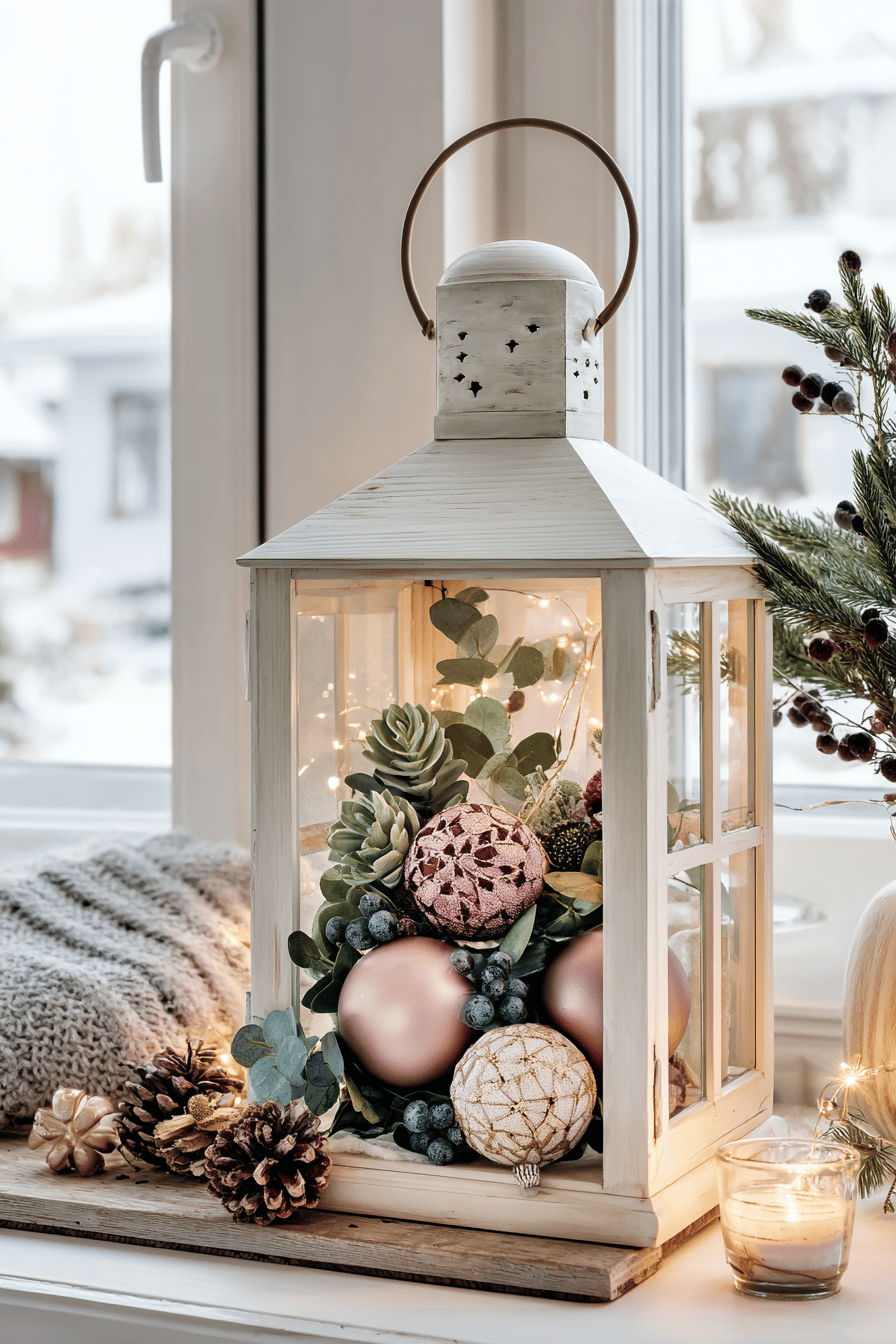 Eine weihnachtlich dekorierte Laterne mit Tannenzapfen, Lichterketten und Christbaumschmuck.