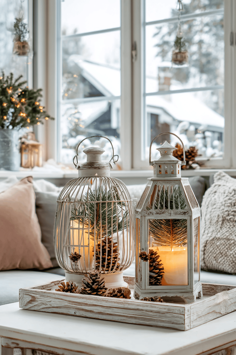 Zwei dekorative Laternen mit Kerzen und Tannenzweigen auf einem Tisch vor einem Fenster.