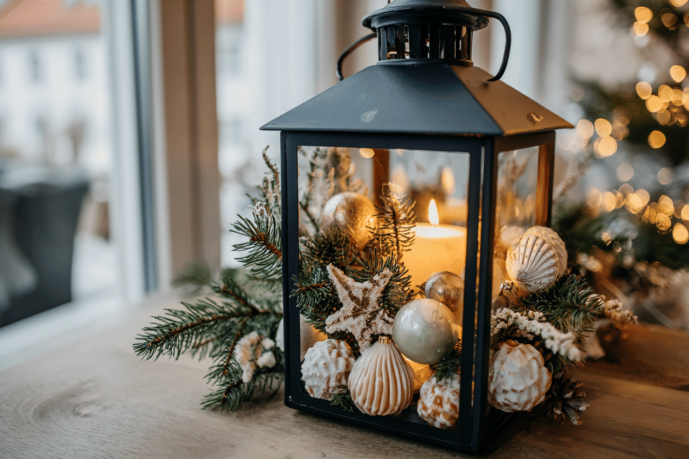 Weihnachtliche Laterne mit Kerze und Dekoration