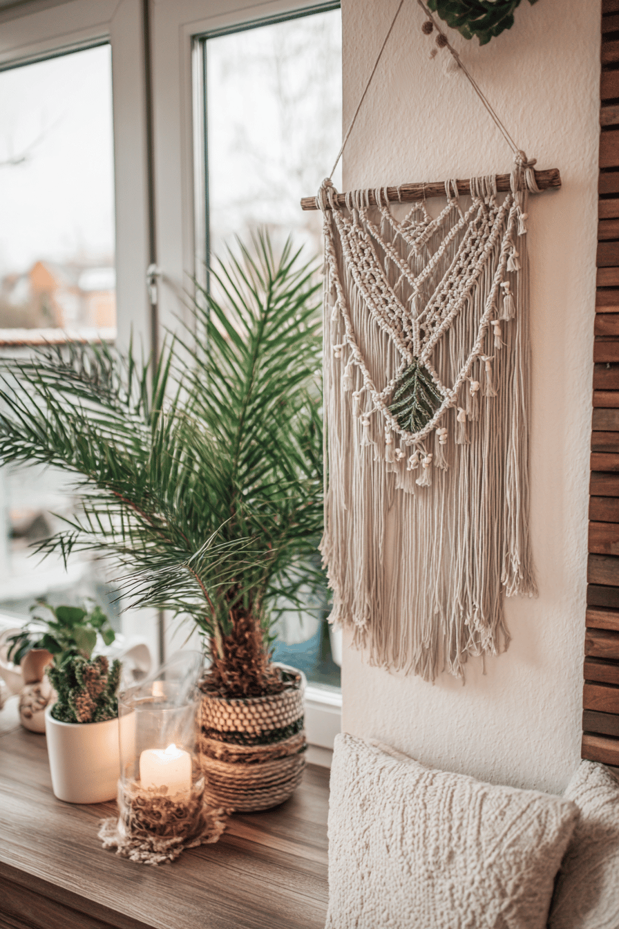 Makramee-Wanddeko mit weihnachtlichem Motiv, dekoriert in einem gemütlichen Wohnzimmer.