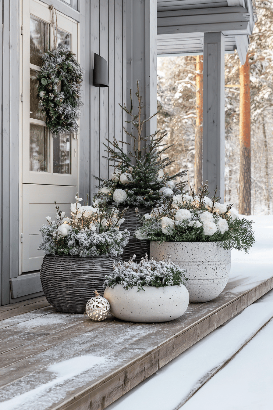 Verschneite Pflanzkübel mit Winterdekoration vor einer Haustür.
