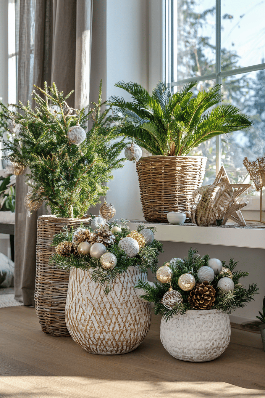 Weihnachtlich dekorierte Pflanzkübel mit Tannen und Ornamenten in einem Wohnzimmer.