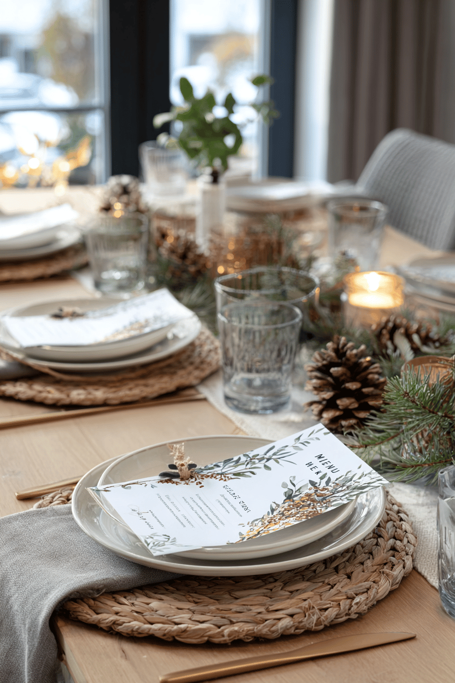 Ein festlich gedeckter Tisch mit Menükarten, Tannenzapfen und Kerzen.