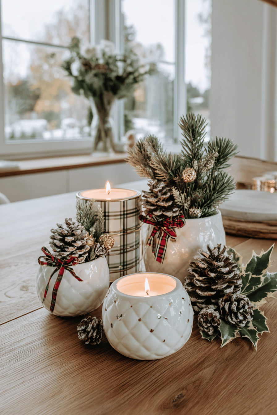 Weihnachtliche Tischdeko mit Kerzen und Tannenzapfen auf einem Holztisch.