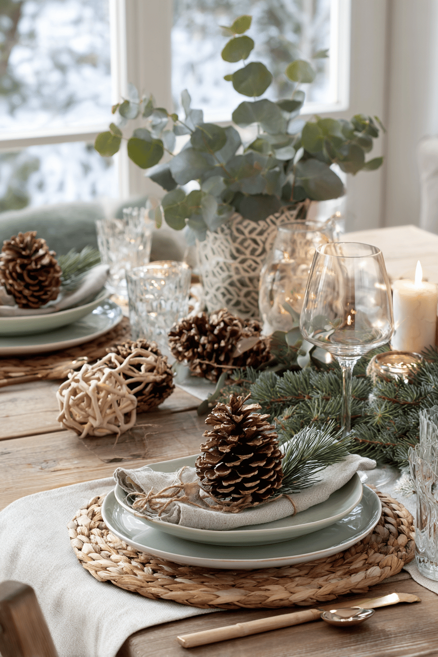 Ein festlich gedeckter Tisch mit Tannenzapfen, grünem Zweig und Kerzenlicht.