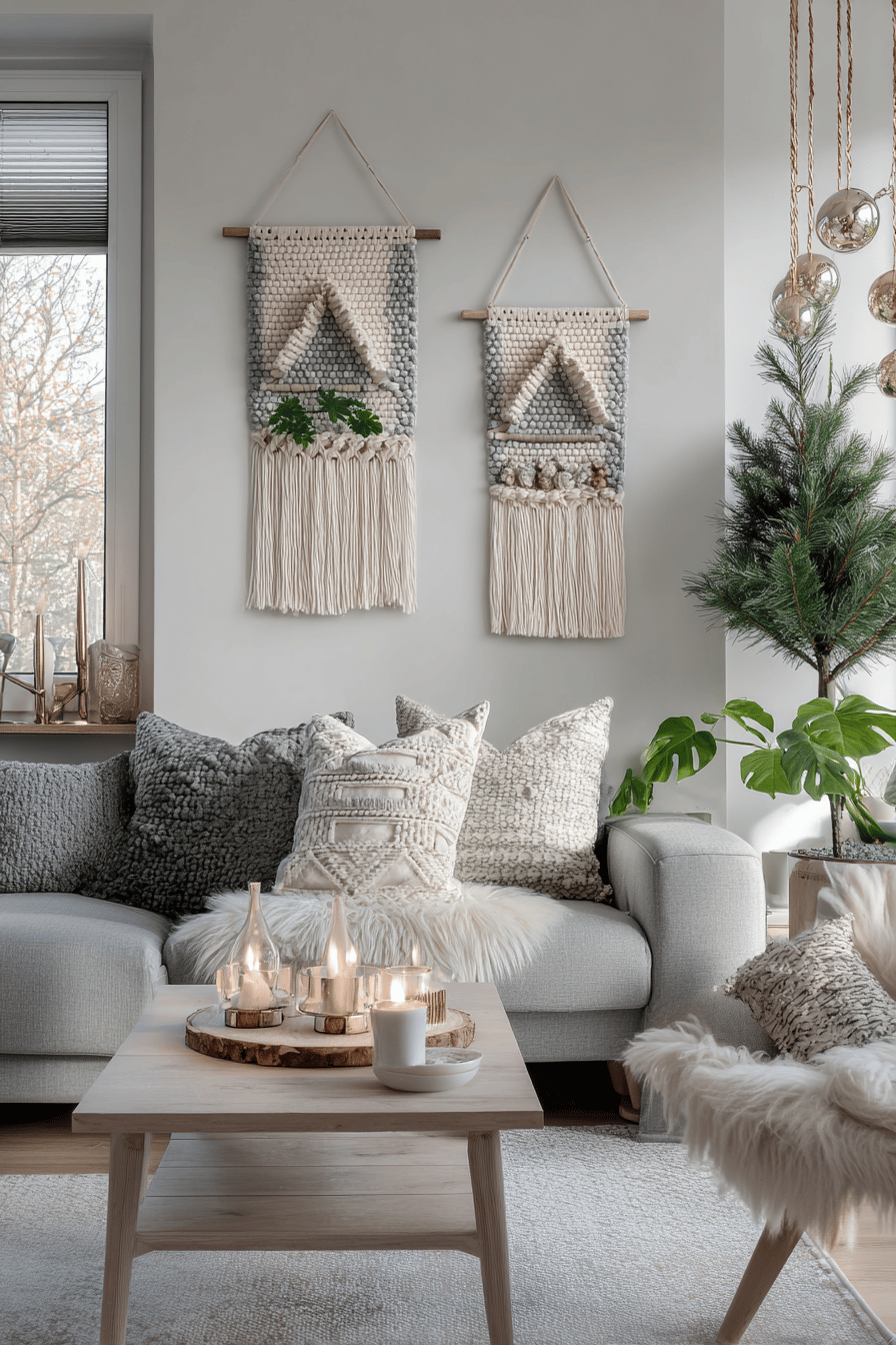 Ein gemütlich dekoriertes Wohnzimmer mit modernen Weihnachts-Wandbehängen in Weiß und Beige.