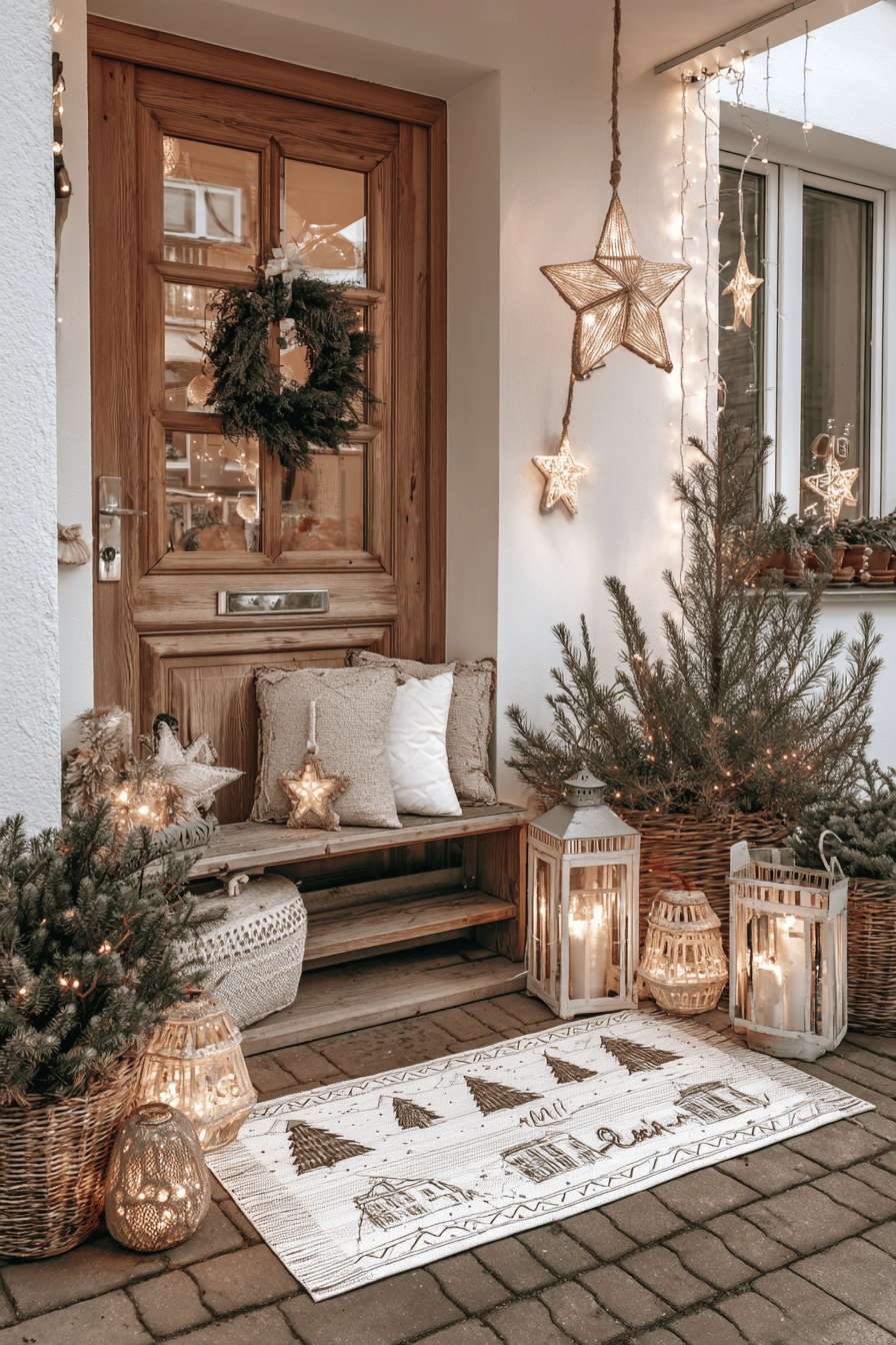 Weihnachtlich dekorierter Eingang mit Lichterketten, Laternen, Tannenbaum und Türkranz.