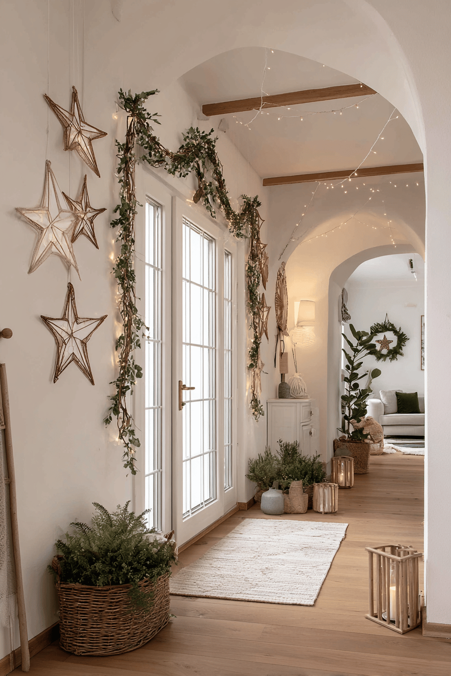 Weihnachtlich dekorierter Eingangsbereich mit Sternen und Lichterketten.
