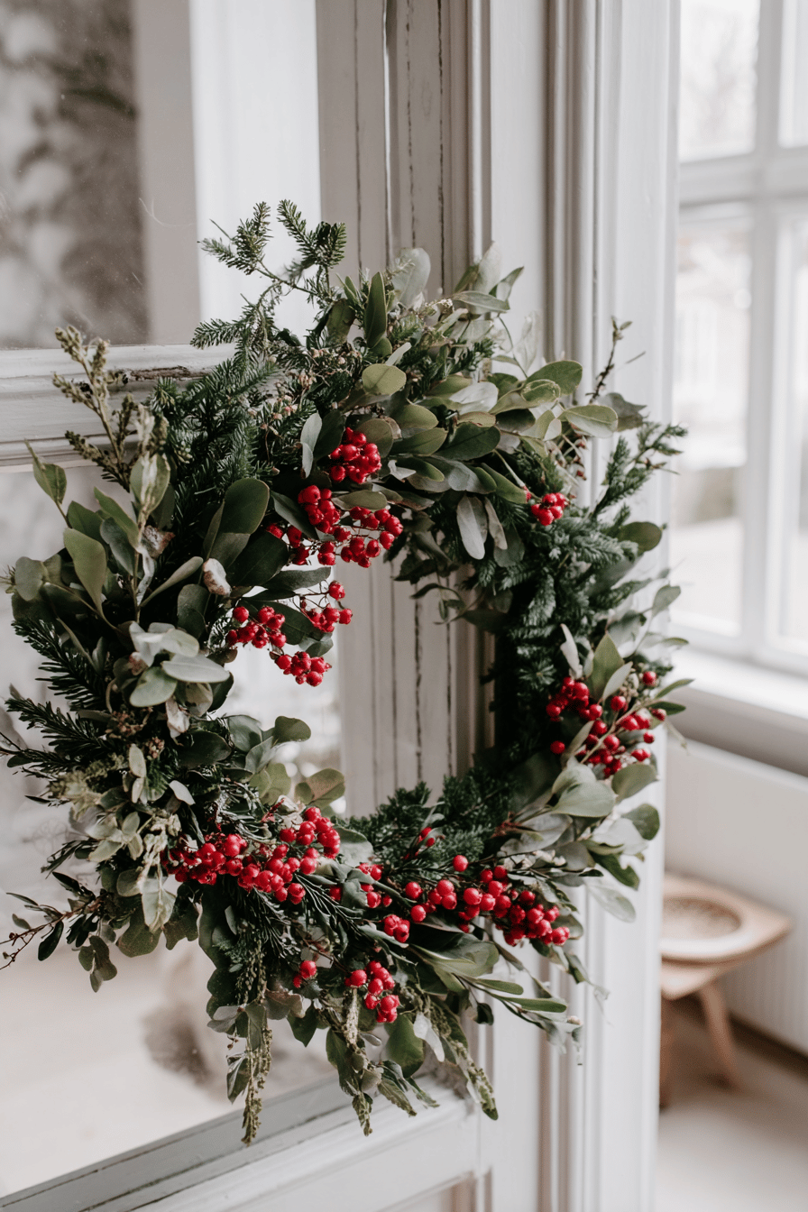 Ein weihnachtlicher Türkranz mit roten Beeren und immergrünen Zweigen an einer hellen Holztür.