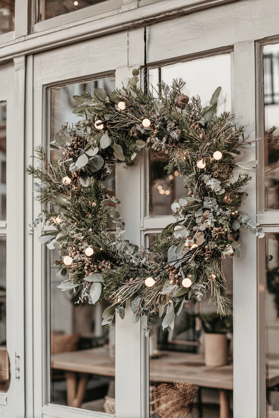 Weihnachtlicher Türkranz mit Lichterkette an einer Holztür.
