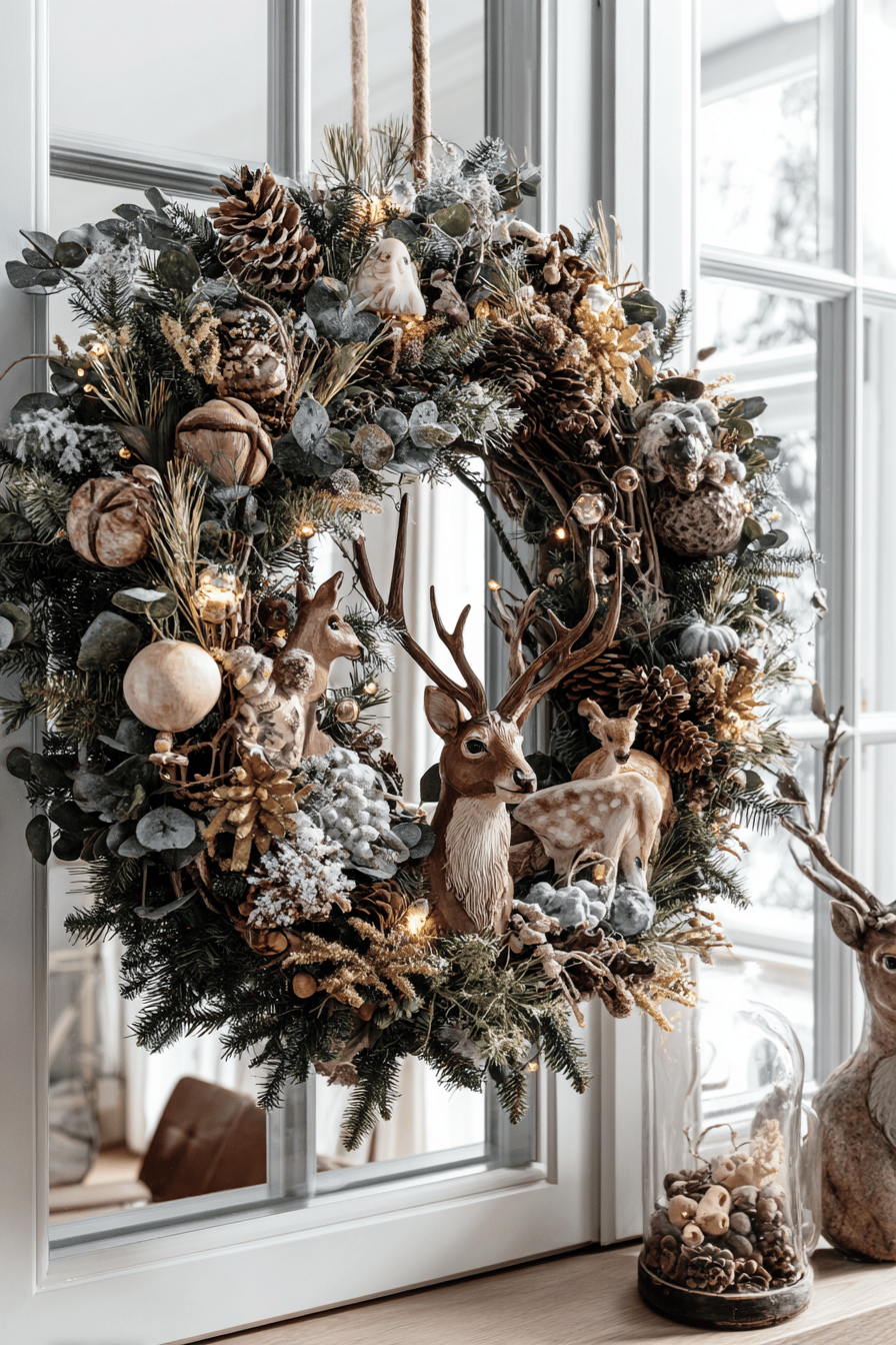 Weihnachtlicher Türkranz mit Tierfiguren, Zapfen und winterlicher Dekoration.