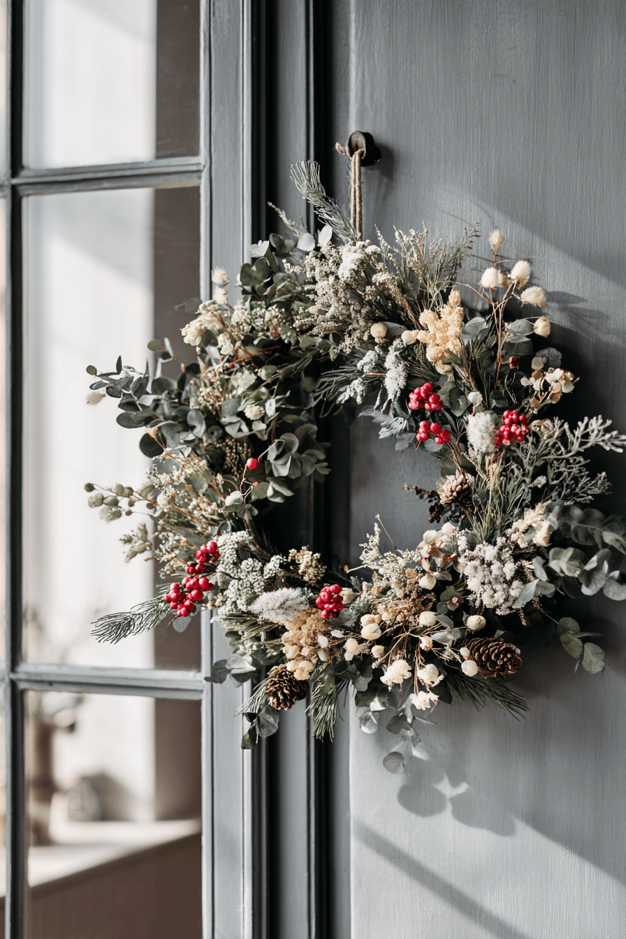 Ein weihnachtlicher Türkranz aus Trockenblumen mit roten Beeren, Tannenzapfen und grünen Blättern vor einer grauen Tür.