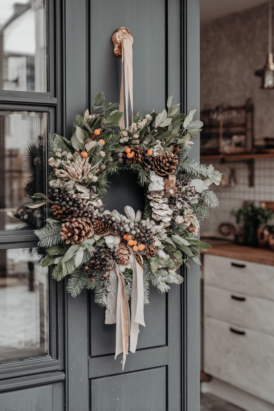 Ein weihnachtlicher Türkranz aus Tannenzweigen, Zapfen und Beeren an einer Haustür.